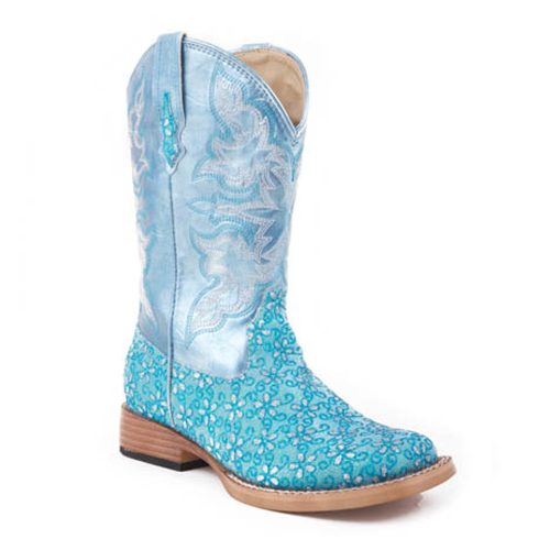 Roper Kids Square Toe Western Boot - Turquoise Glitter Bling