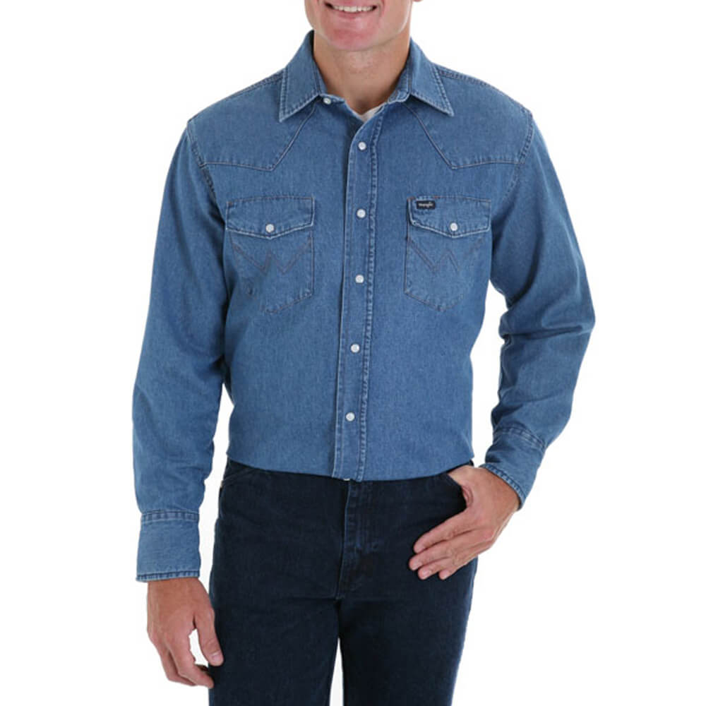 Wrangler Men's Stonewash Denim Western Long Sleeve Shirt