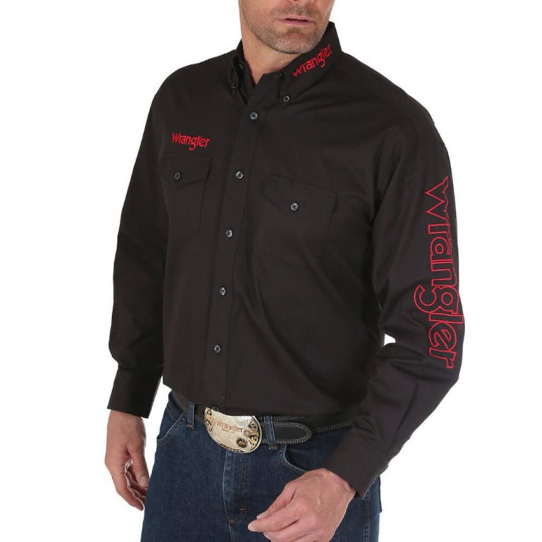 Men's Wrangler® Logo Long Sleeve Button Down Solid Shirt - Black
