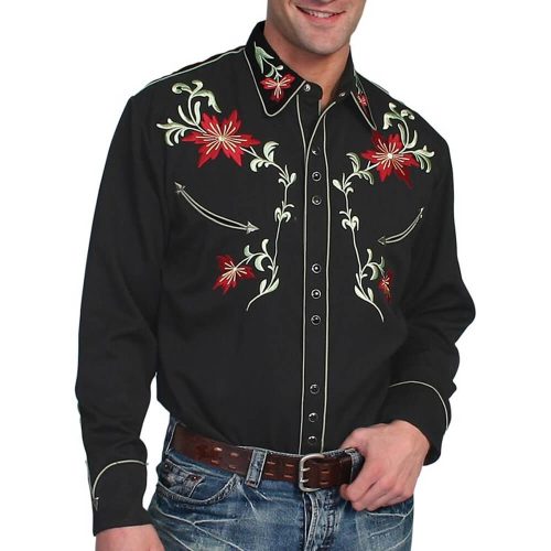 Scully Mens Embroidered Western Shirt Black